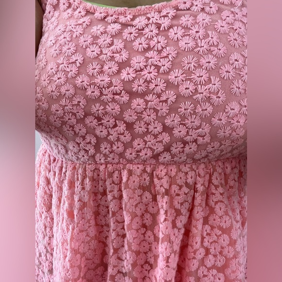 Coral Pink Mini Lace Floral Babydoll Dress Kawaii Mesh Tulle Flower Barbie Cute - Picture 5 of 7